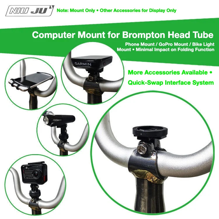 NIUJU Brompton Computer Mount — Garmin Phone Adapter GoPro Front — Black NJ50 - Magene / Blackbird / XOSS / COROS Interface