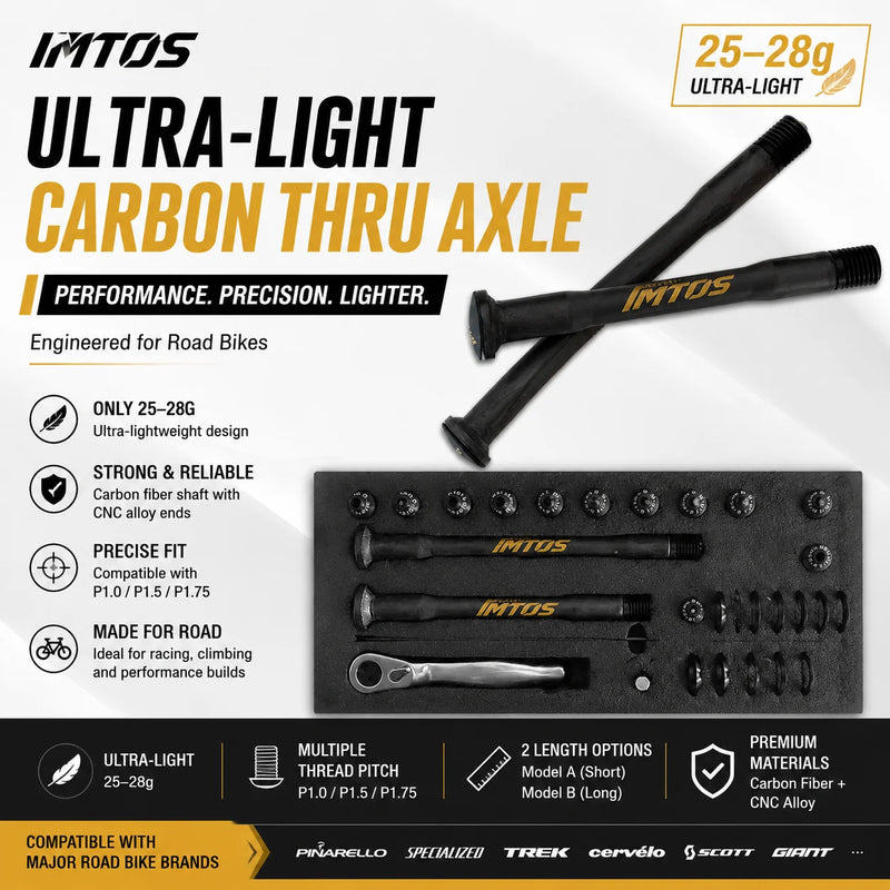 IMTOS 25–28g Ultra-Light Carbon Thru Axle for Road Bikes — P1.0 / P1.5 / P1.75 Universal