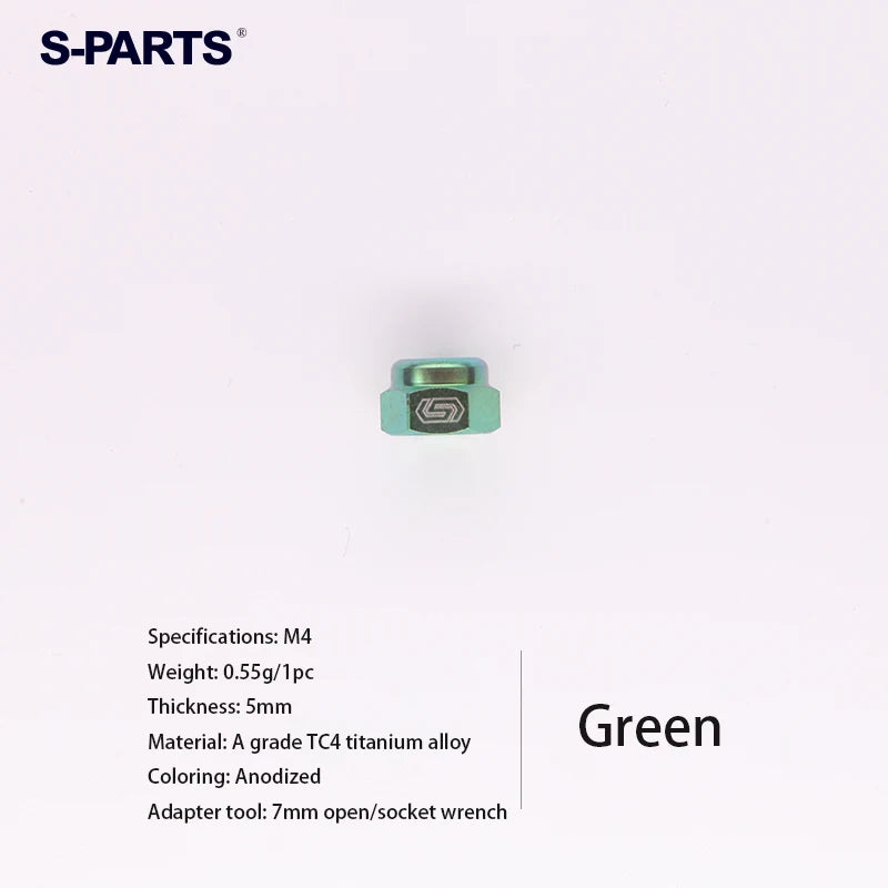S-PARTS Titanium Self-Locking Flange Nuts — M4 / M5 / M6 / M8 / M10 / M12 — Green