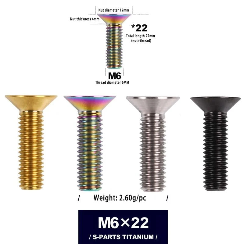 S-PARTS M6 Countersunk Titanium Bolts — 12–70mm — Road Bike — M6×22mm