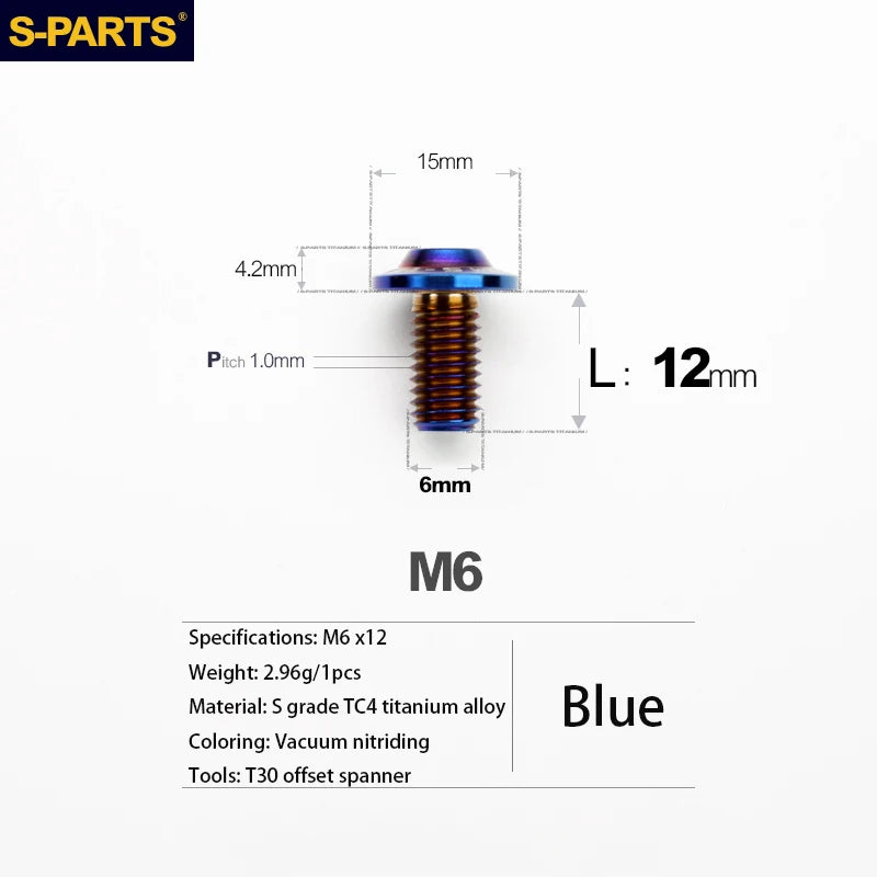 S-PARTS A3 D15 M6 Umbrella Head Titanium Bolts — 8–40mm — M6×12mm / Blue