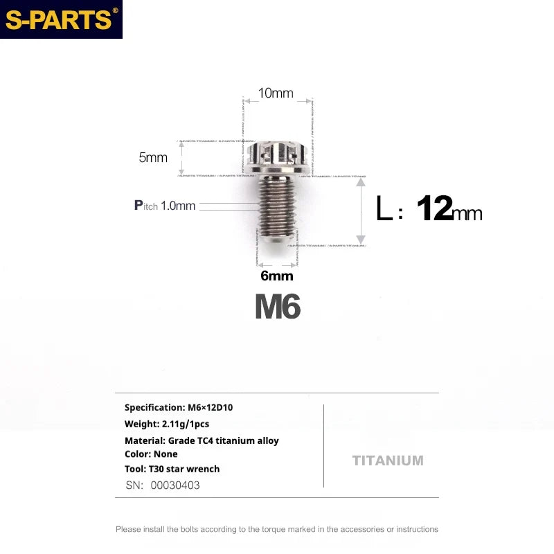 S-PARTS A3 M6 Titanium Bolts — 8–120mm — Titanium Finish — L12mm