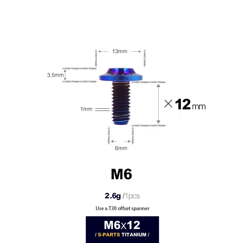 S-PARTS A3 D13 M6 Umbrella Head Titanium Bolts — 8–45mm — D13 M6×12mm / Blue