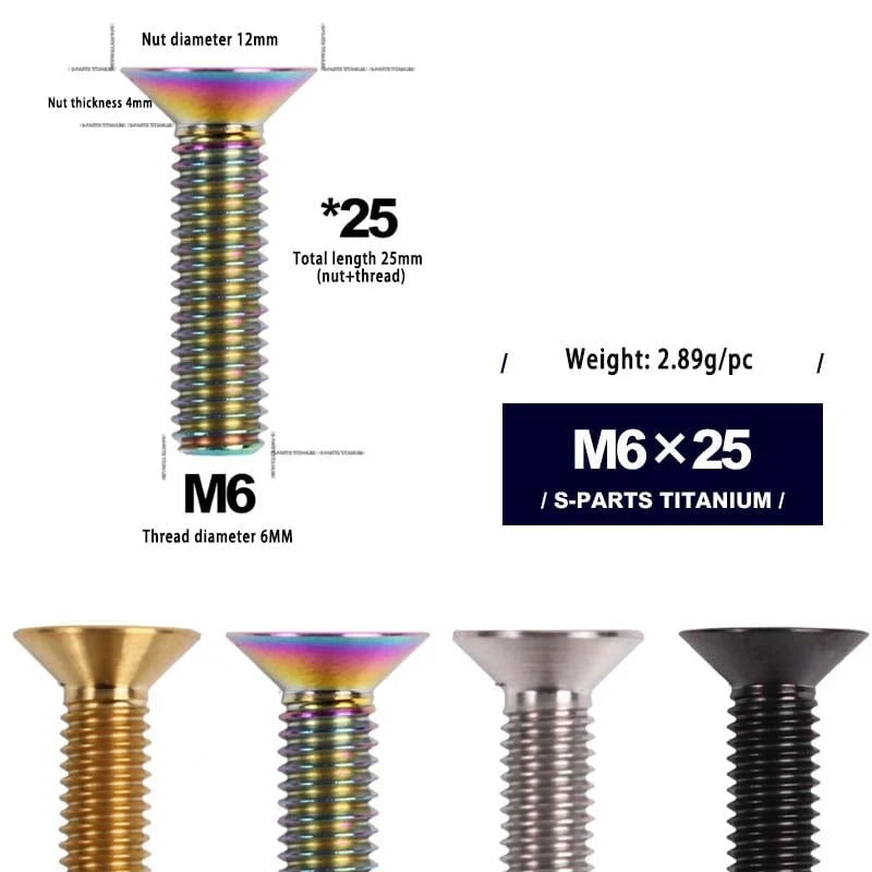 S-PARTS M6 Countersunk Titanium Bolts — 12–70mm — Road Bike — M6×25mm