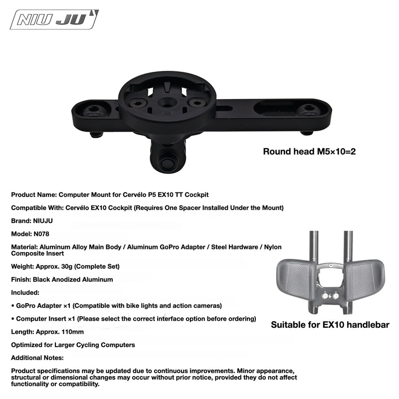 NIUJU Cervélo P5 EX10 TT Computer Mount — Garmin Wahoo GoPro & Bike Light Extension Mount