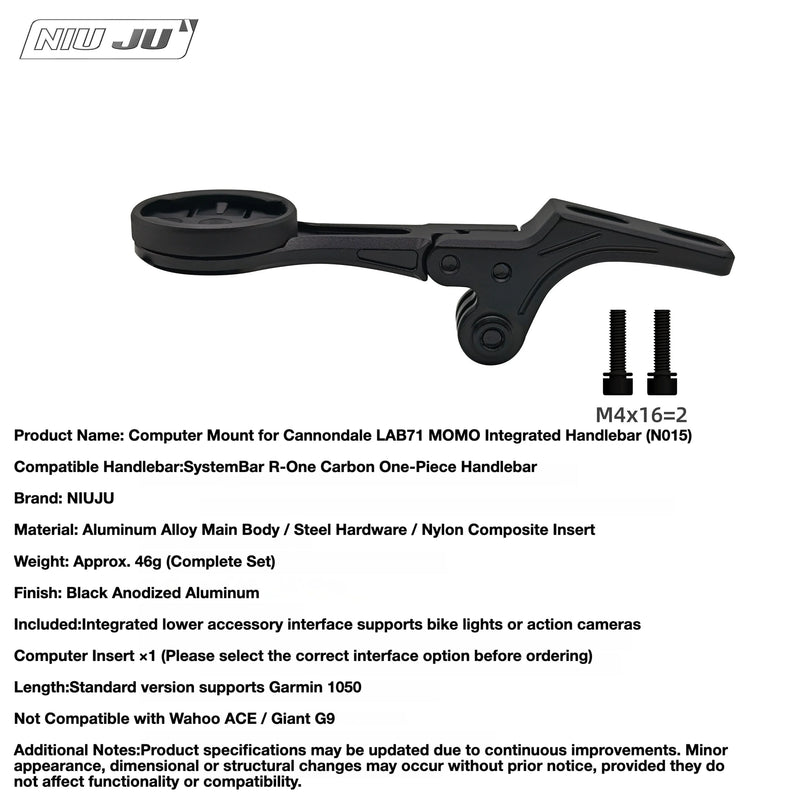 NIUJU Computer Mount for Cannondale MOMO Integrated Handlebar — LAB71 Garmin 1050 Extension Mount