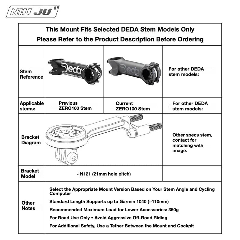 NIUJU DEDA ZERO100 Computer Mount — CNC Garmin Wahoo Stem Mount