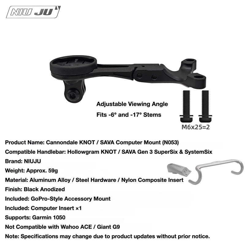 NIUJU Computer Mount for Cannondale SuperSix EVO Gen 3 & SystemSix KNOT Cockpit — Compatible with -6° and -17° Stems