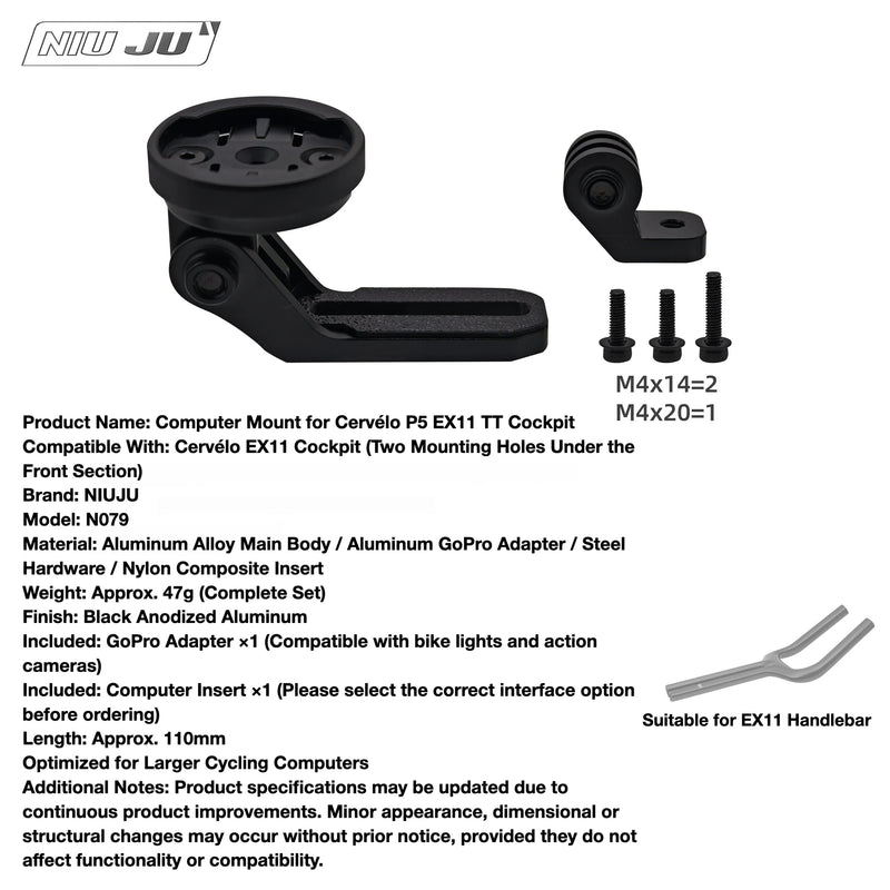 NIUJU Cervélo P5 EX11 TT Computer Mount — Garmin Wahoo GoPro Bike Light Extension Mount