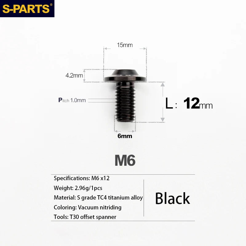 S-PARTS A3 D15 M6 Umbrella Head Titanium Bolts — 8–40mm — M6×12mm / Black