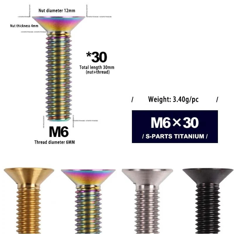S-PARTS M6 Countersunk Titanium Bolts — 12–70mm — Road Bike — M6×30mm