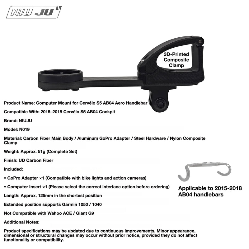 NIUJU Cervélo S5 AB04 Computer Mount for 2015–2018 Rim Brake S5 — Garmin Wahoo Compatible