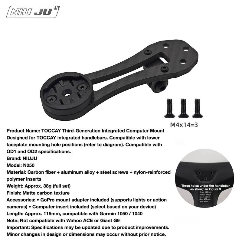TOCCAY Carbon Computer Mount for Integrated Cockpits — GoPro Garmin Wahoo Compatible Extension Mount