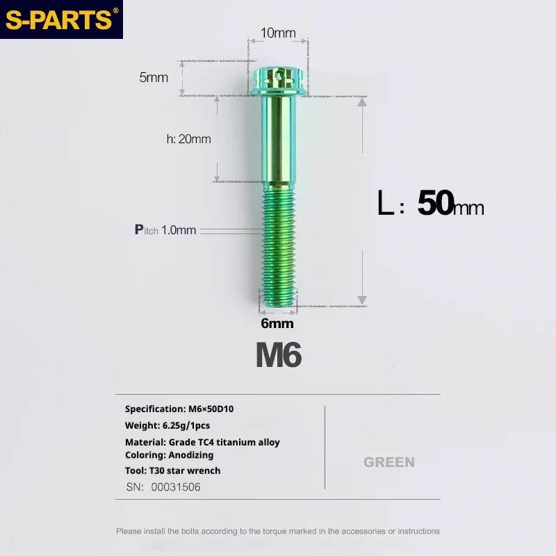 S-PARTS A3 M6 Titanium Bolts — 8–120mm — Green — L50mm