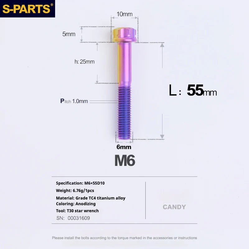 S-PARTS A3 M6 Titanium Bolts — 8–120mm — Candy — L55mm