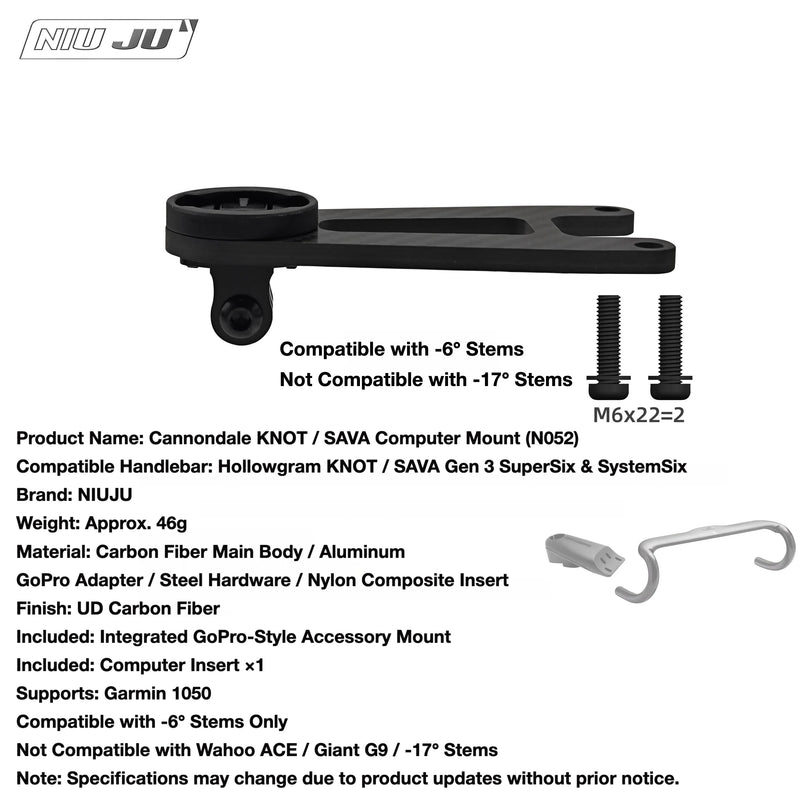 NIUJU Computer Mount for Cannondale SuperSix EVO Gen 3 & SystemSix KNOT Cockpit — Garmin — Compatible with -6° Stems Only