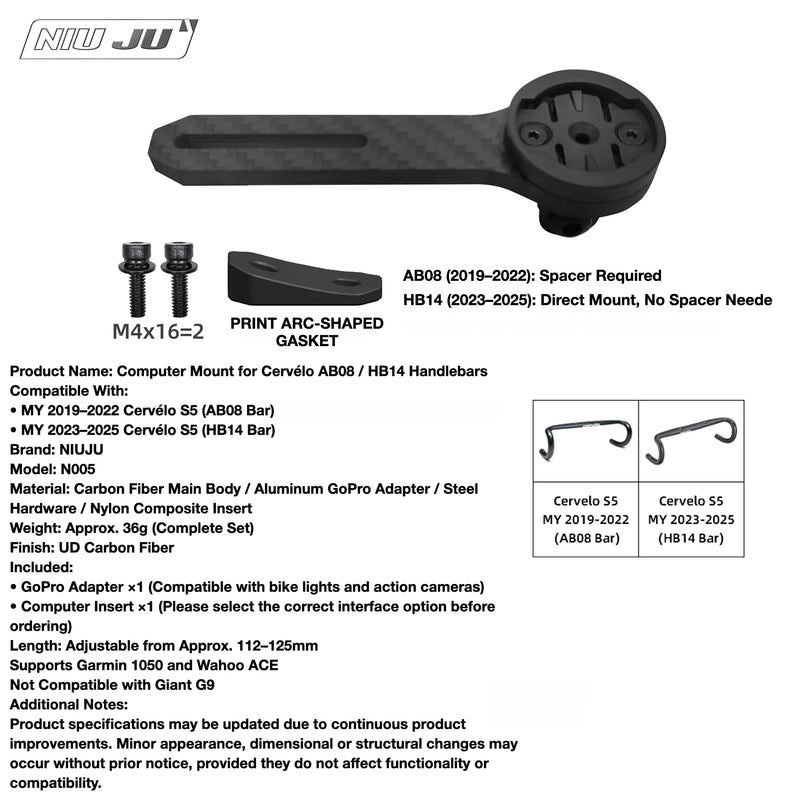 NIUJU Cervélo S5 Computer Mount for AB08 & HB14 Handlebars (2019–2025) — Garmin Wahoo GoPro Compatible