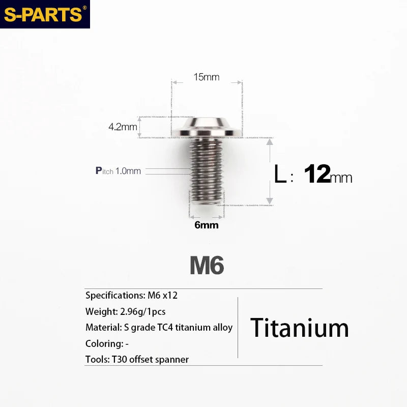 S-PARTS A3 D15 M6 Umbrella Head Titanium Bolts — 8–40mm — M6×12mm