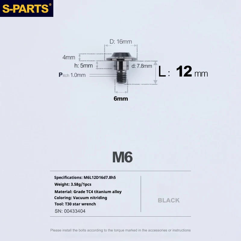 S-PARTS A3 M6 Umbrella Head Step Bolts — Black — 36 Specifications — L12 D16 step screws D7.8 H5