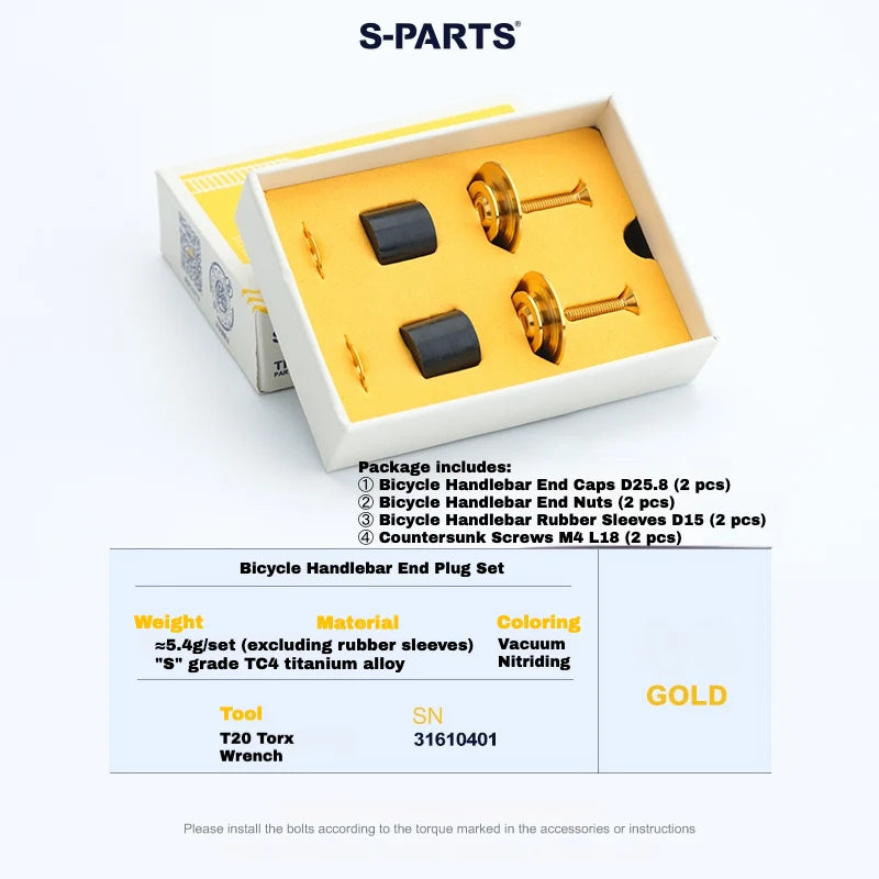 S-PARTS Titanium Expanding Bar End Plug Set — Titanium Bar End Plug Set – Gold