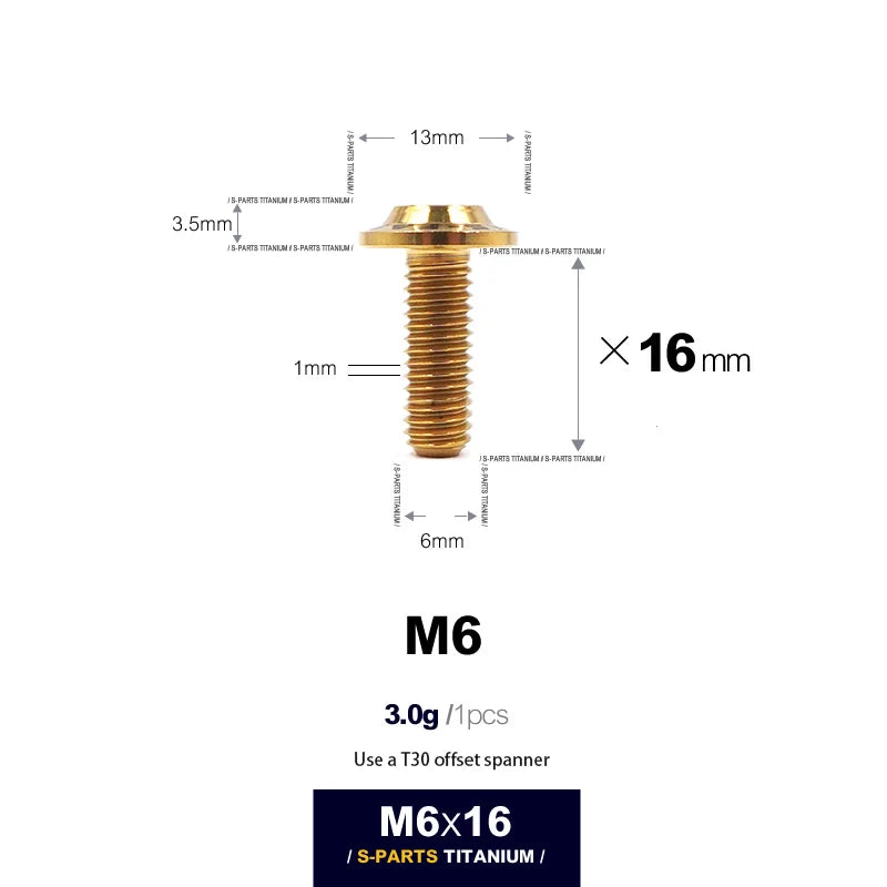 S-PARTS A3 D13 M6 Umbrella Head Titanium Bolts — 8–45mm — D13 M6×16mm / Gold