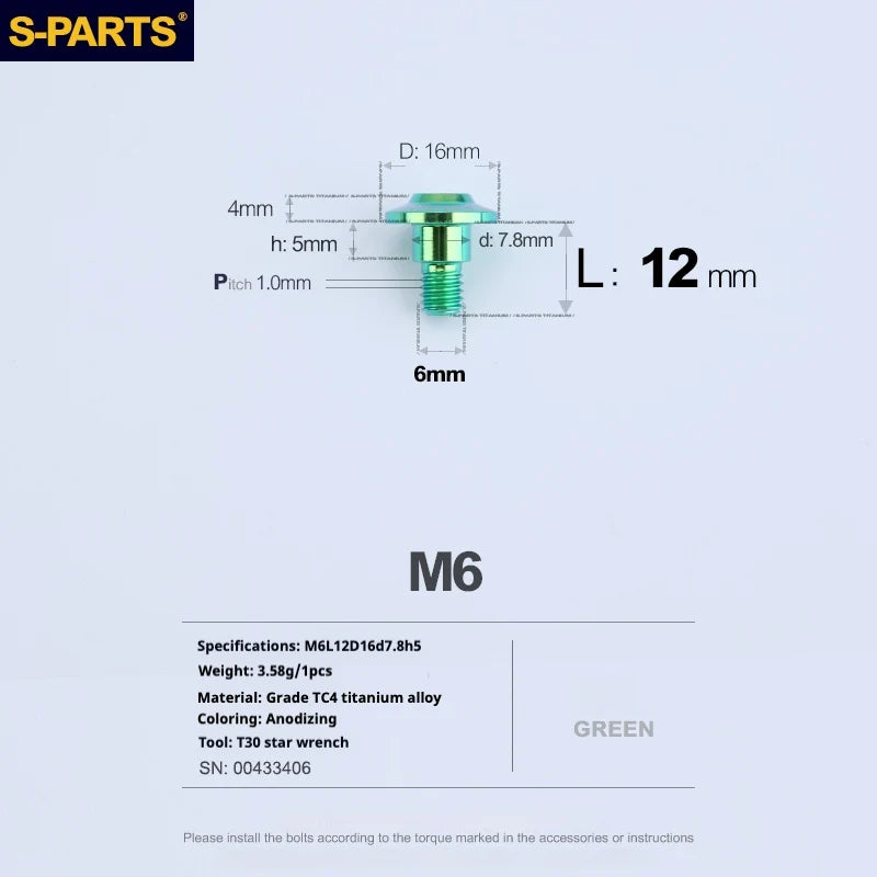 S-PARTS A3 M6 Umbrella Head Step Bolts — Green — 36 Specifications — L12 D16 step screws D7.8 H5