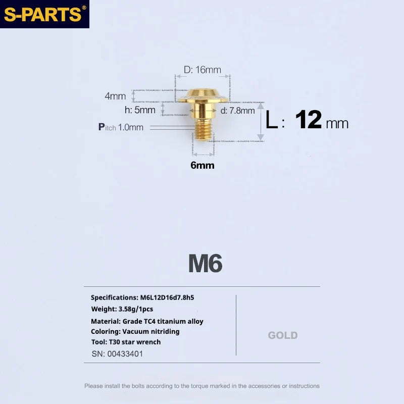 S-PARTS A3 M6 Umbrella Head Step Bolts — Gold — 36 Specifications — L12 D16 step screws D7.8 H5
