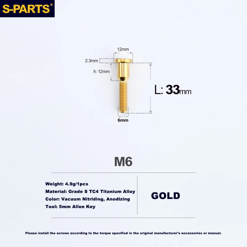 S-PARTS M6 Titanium Seatpost Clamp Bolt — Trek — L33 D12 / L35 D10 — M6 L33 D12 / Gold