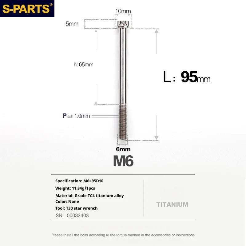S-PARTS A3 M6 Titanium Bolts — 8–120mm — Titanium Finish — L95mm