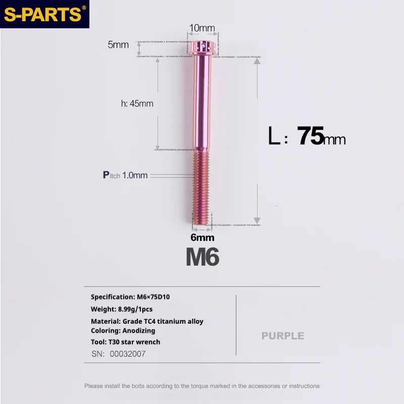 S-PARTS A3 M6 Titanium Bolts — 8–120mm — Purple — L75mm