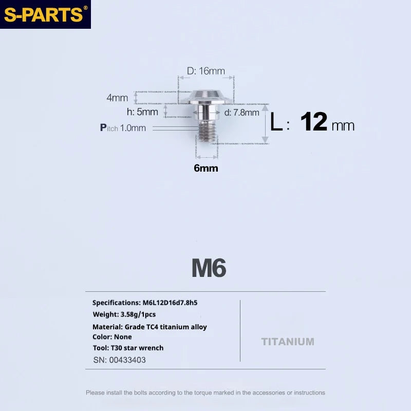 S-PARTS A3 M6 Umbrella Head Step Bolts — Titanium — 36 Specifications — L12 D16 step screws D7.8 H5
