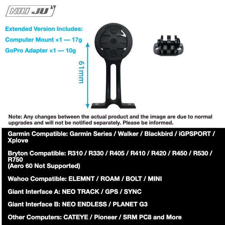 NIUJU Darimo IX2 / IX4 Computer Mount — Ultra-Light Garmin Wahoo GoPro Mount — Short Version