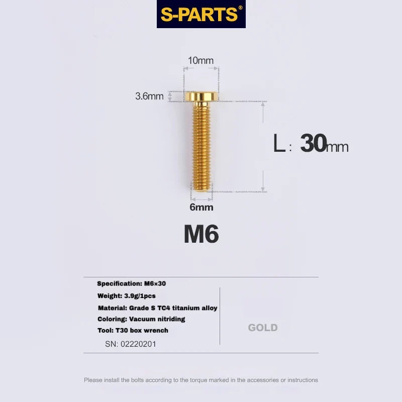 S-PARTS M6 Titanium Seatpost Wedge Bolt — Specialized SL6 / SL7 / SL8 / SL9 / Venge — Gold / M6X30