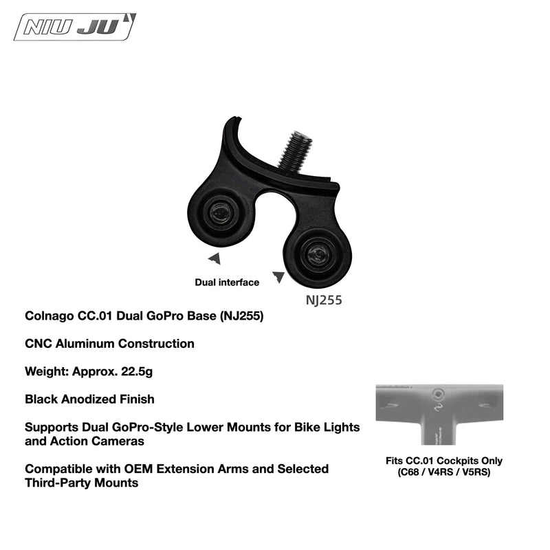 NIUJU Colnago CC.01 Computer Mount — C68 V5RS Garmin Wahoo Integrated — NJ255 Dual GoPro Base (Extension Arm Not Included)