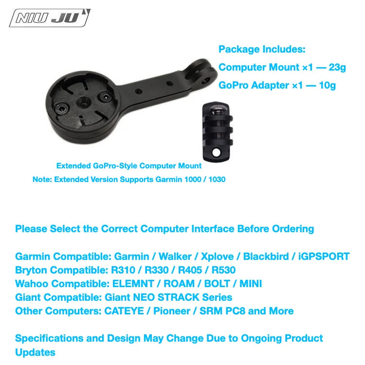 NIUJU BMC SLR01 / TMR01 Computer Mount — Garmin Wahoo GoPro Replacement Mount — Extended Version