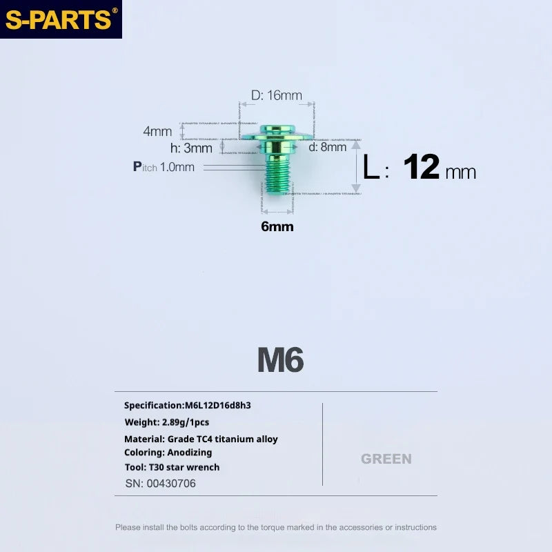 S-PARTS A3 M6 Umbrella Head Step Bolts — Green — 36 Specifications — L12 D16 step screws D8 H3