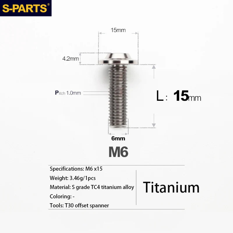 S-PARTS A3 D15 M6 Umbrella Head Titanium Bolts — 8–40mm — M6×15mm