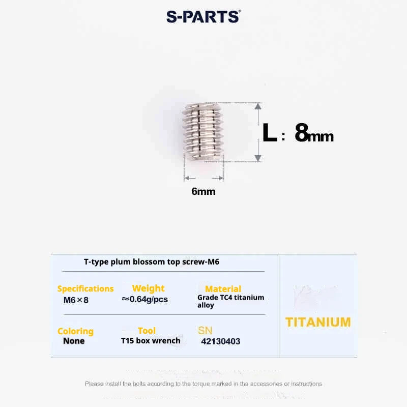 S-PARTS T15 M6 Flat-Bottom Titanium Set Screws — L8/L10/L12/L16 — L08mm