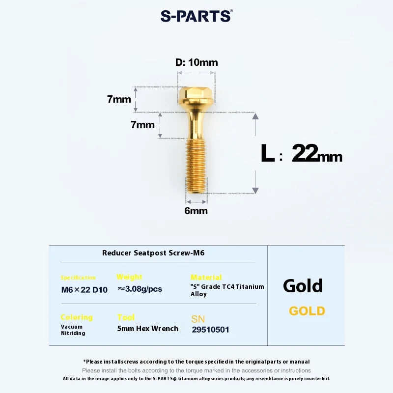 S-PARTS M6 Titanium Seatpost Step-Down Bolt & Nut Kit — 22 / 30 / 35 / 40mm — Gold / 22mm