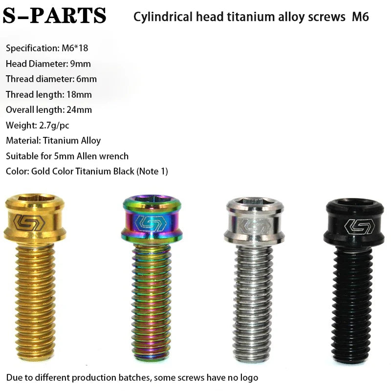 S-PARTS M6 Cylindrical Head Titanium Bolts — 10–25mm