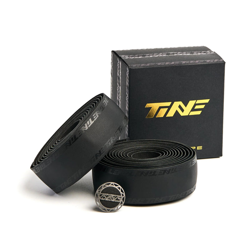 TiNE Road Bike Handlebar Tape Set — 210cm Length — 2.5mm — Shadow Black Set (Includes Titanium Alloy Bar End Plugs)