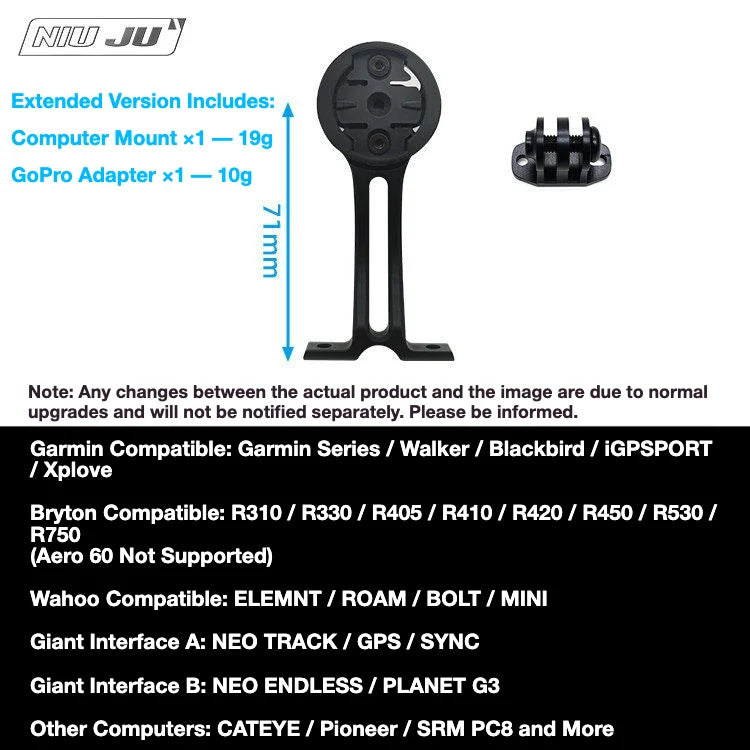 NIUJU Darimo IX2 / IX4 Computer Mount — Ultra-Light Garmin Wahoo GoPro Mount — Extended Version
