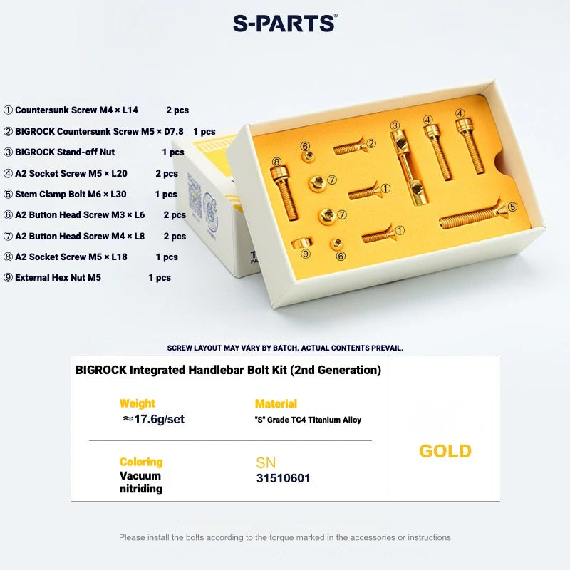 S-PARTS Titanium Bolt Kit for BIGROCK Gen 2 Integrated Handlebar/Stem (13 pcs) — Gold