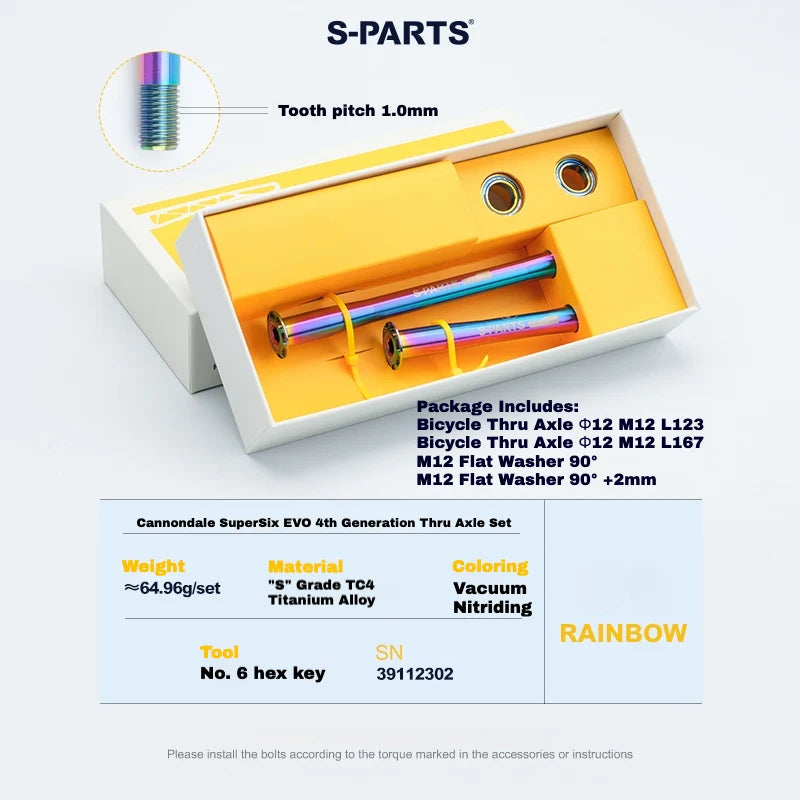 S-PARTS Titanium Thru Axle Kit for Cannondale SuperSix EVO (Front+Rear, Tool-Free — SuperSix EVO Ti Axle Set – Rainbow