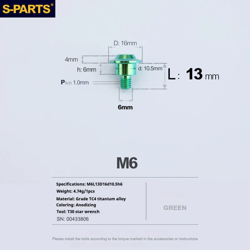 S-PARTS A3 M6 Umbrella Head Step Bolts — Green — 36 Specifications — L13 D16 step screws D10.5 H6