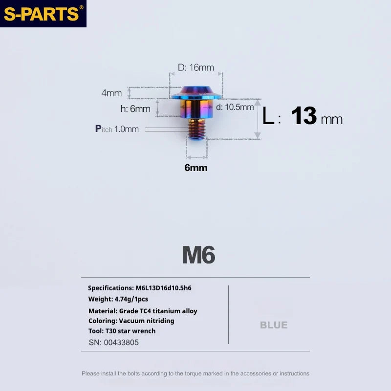 S-PARTS A3 M6 Umbrella Head Step Bolts — Blue — 36 Specifications — L13 D16 step screws D10.5 H6