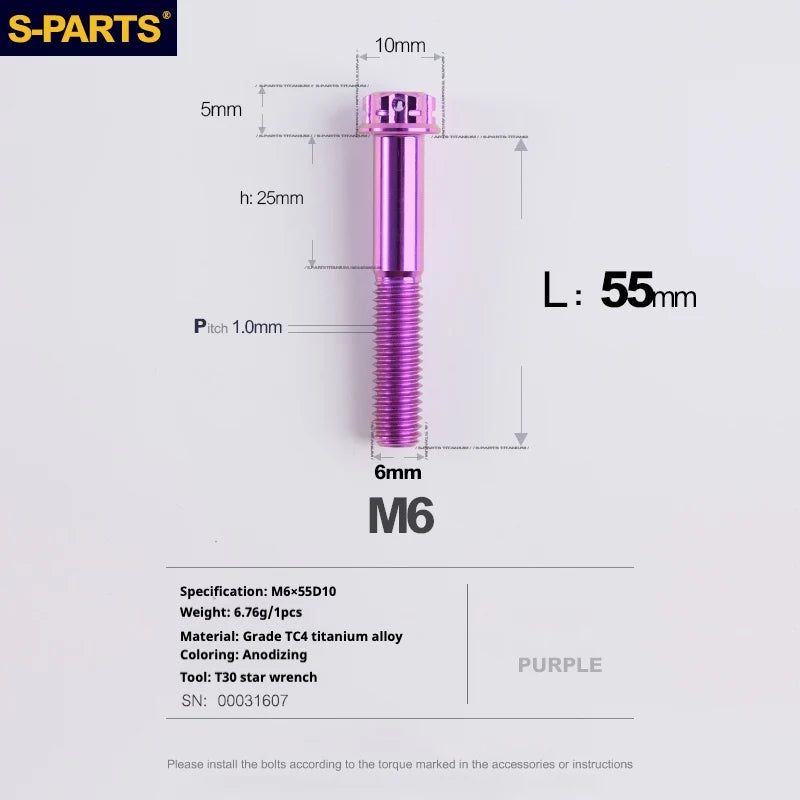 S-PARTS A3 M6 Titanium Bolts — 8–120mm — Purple — L55mm