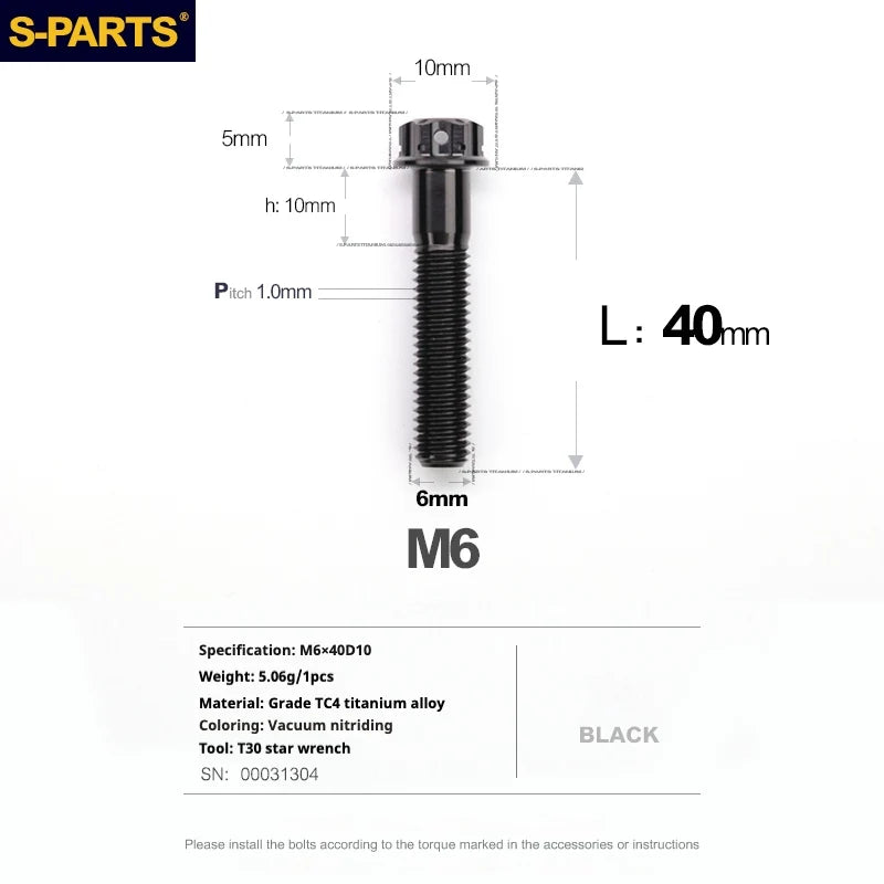 S-PARTS A3 M6 Titanium Bolts — 8–120mm — Black — L40mm