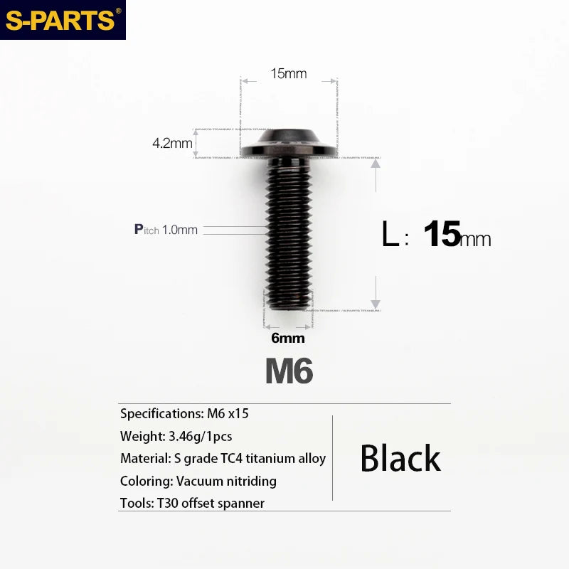 S-PARTS A3 D15 M6 Umbrella Head Titanium Bolts — 8–40mm — M6×15mm / Black