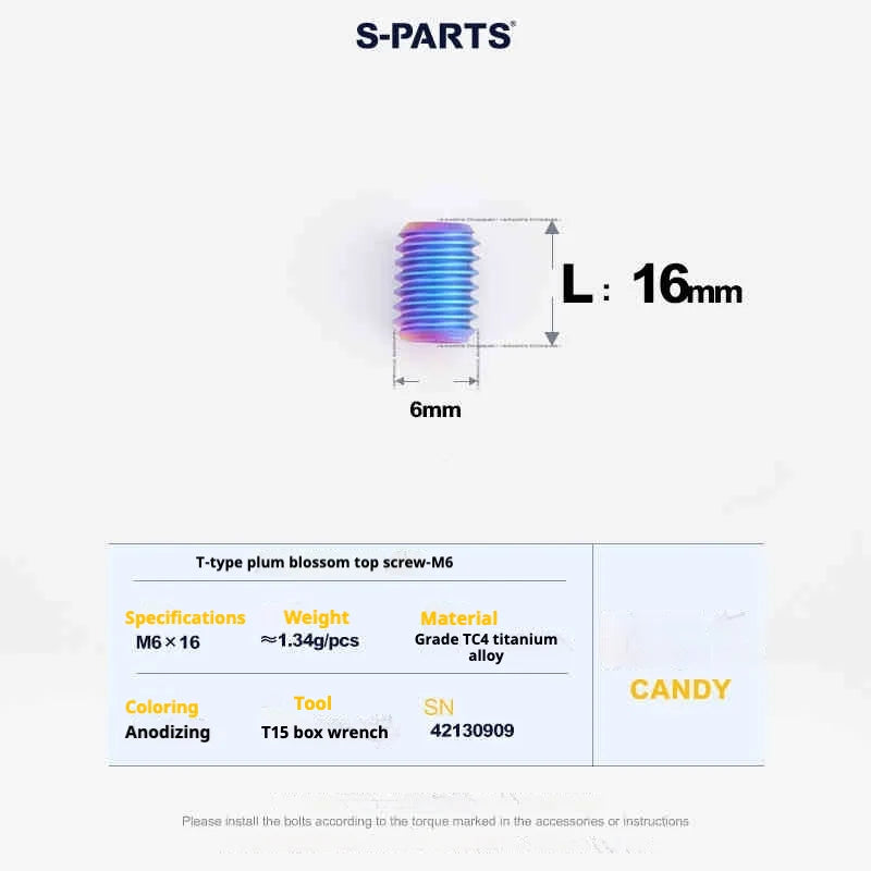 S-PARTS T15 M6 Flat-Bottom Titanium Set Screws — L8/L10/L12/L16 — L16mm / Candy
